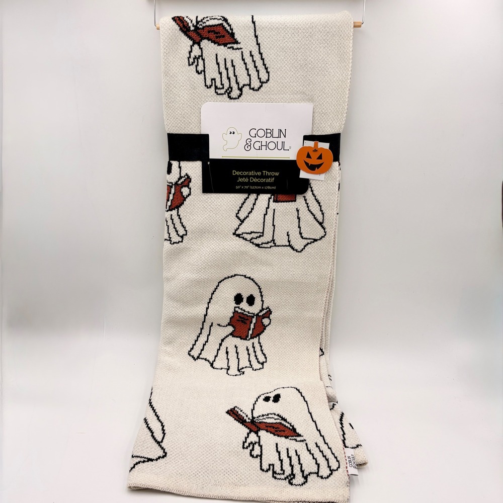 Goblin & Ghoul Reading Ghosts Halloween Throw Blanket Cream Orange Bibliophile